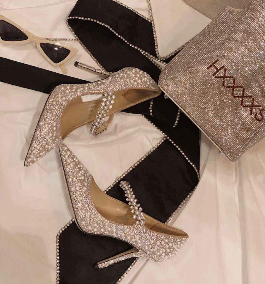 

Fashion Designer Women's Baily Pumps High stiletto heel,pearl and crystal strap Lady Bridal Wedding Party Dress EU34-43,BOX, Black
