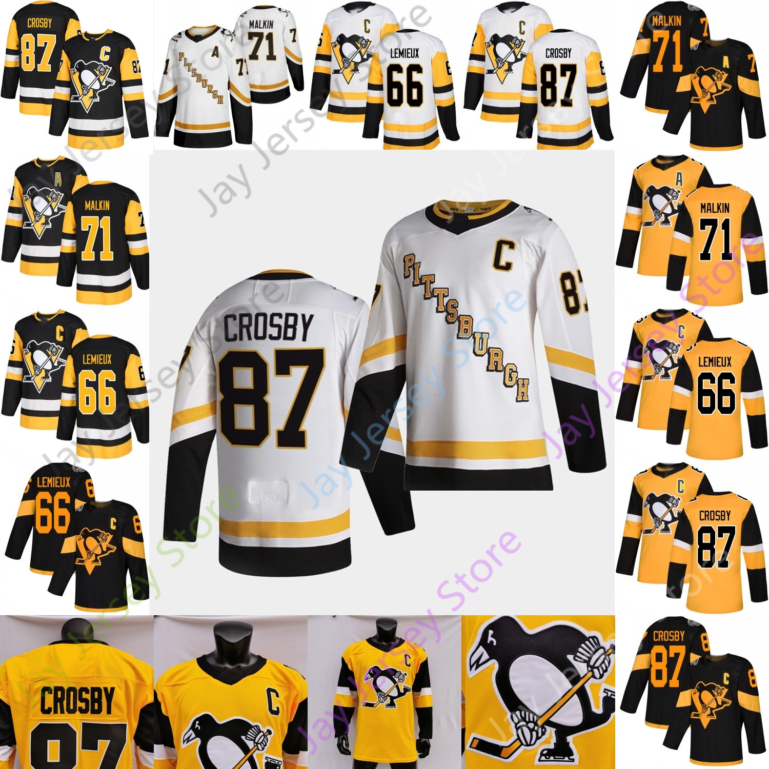 

2021 Pittsburgh Penguins Ice Hockey Jersey 66 Mario Lemieux 71 Evgeni Malkin 87 Sidney Crosby Size S-3XL, Black;red