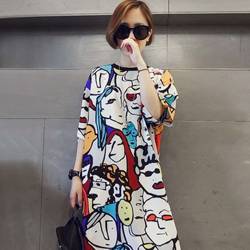 

2021 New Plus Size Robe Vintage Womens Summer Cotton Cartoon Print t Shirt Casual Long Maxi Party Tshirt Sukc, Blue