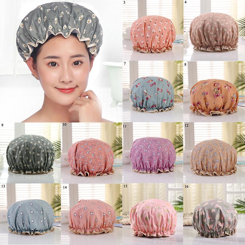 

Waterproof Cap Shower Cute Beautiful Print Comfortable Elastic Multifunction Double Layer Bath Hat Bathing Anti-Smoke Women Cap