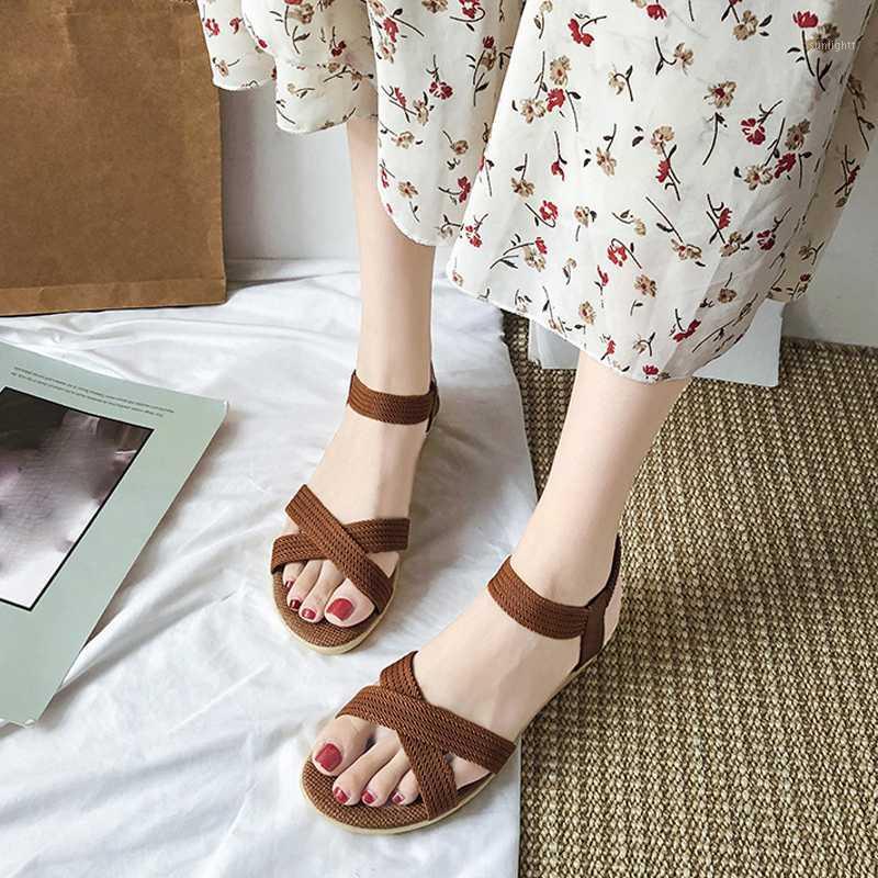 

2020 Summer Shoes Woman Sandals Elastic ankle strap Slip-on Sandalias Mujer Gladiator Wedges Beach Flat Sandals1, Beige
