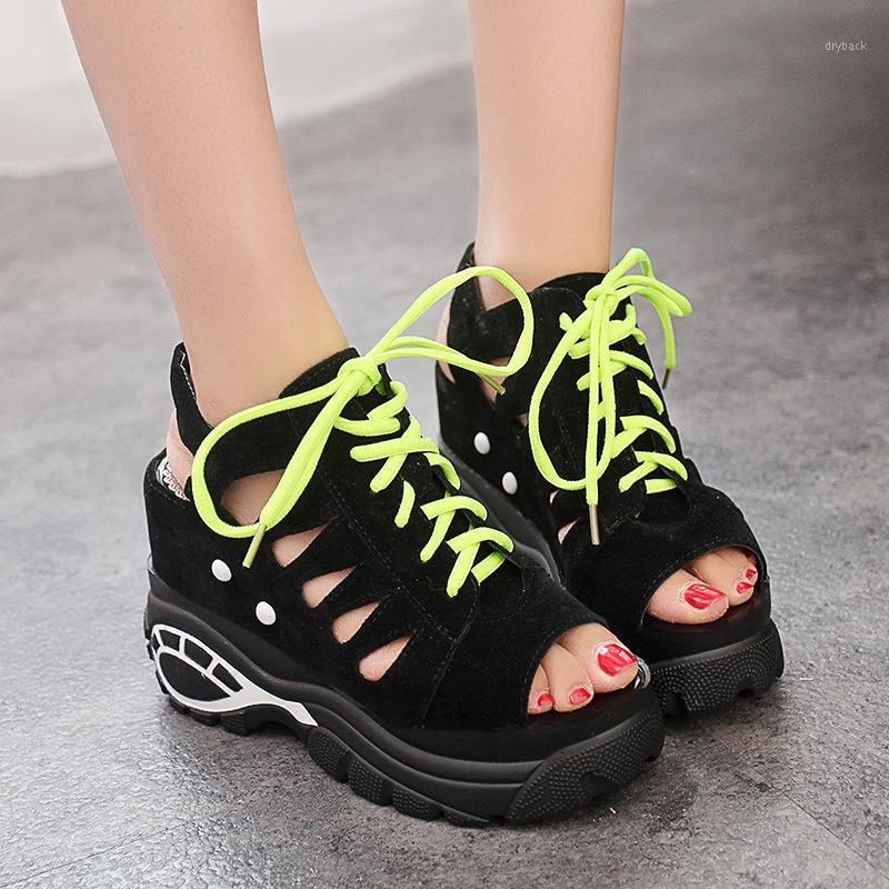 

2021 Summer New Wedge Sandals Fish Mouth Shoes Sponge Cake Hollow Hollow High-heeled Lace Sandals Wedges Shoes for Women1, Black