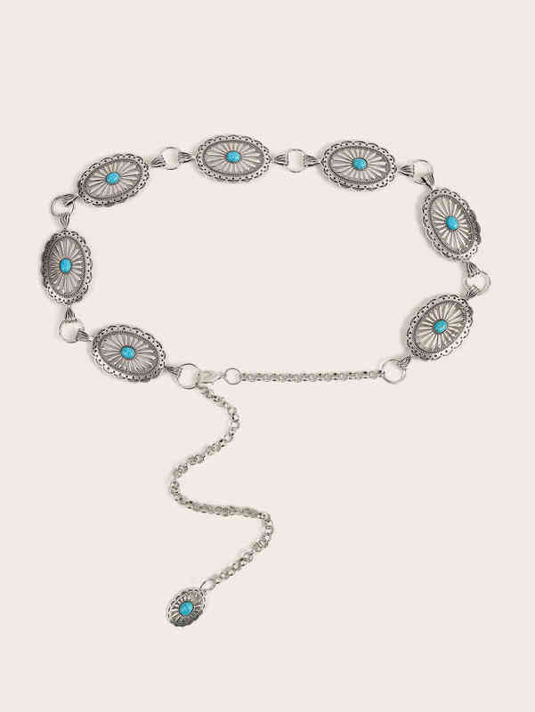 

Fashion Retro Style Round Coin-Shaped Tandem Metal Inlaid Turquoise Waist Chain Female Small Incense Wind Skirt conchos Belt AA220310, Black