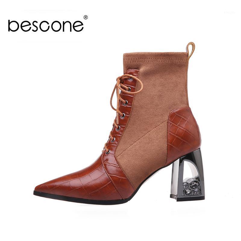 

Bescone Elegant Ankle Boots Womna Genuien Leather Plaid Patchwork Suede Pointed Toe Lace Up High Fretwork Heel Boot Shoe BM6981, Black