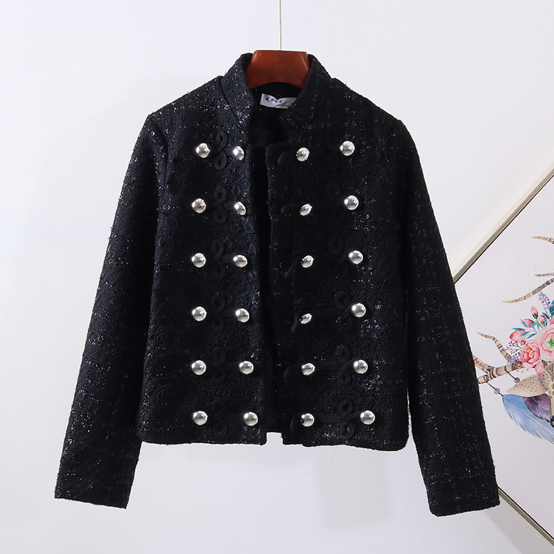 

New 2020 Autumn and Winter Women's Wool Jacket Military style uniform stand-up collar short embroidered ladies coats, White