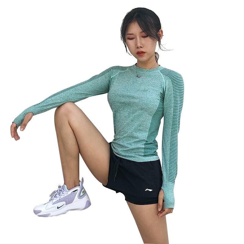 

Fitness Girl Autumn Winter Loose Breathable Sports Long Sleeve Yoga Shirt Quick Dry Running Elastic Top Yoga Suit Training Gym, Green