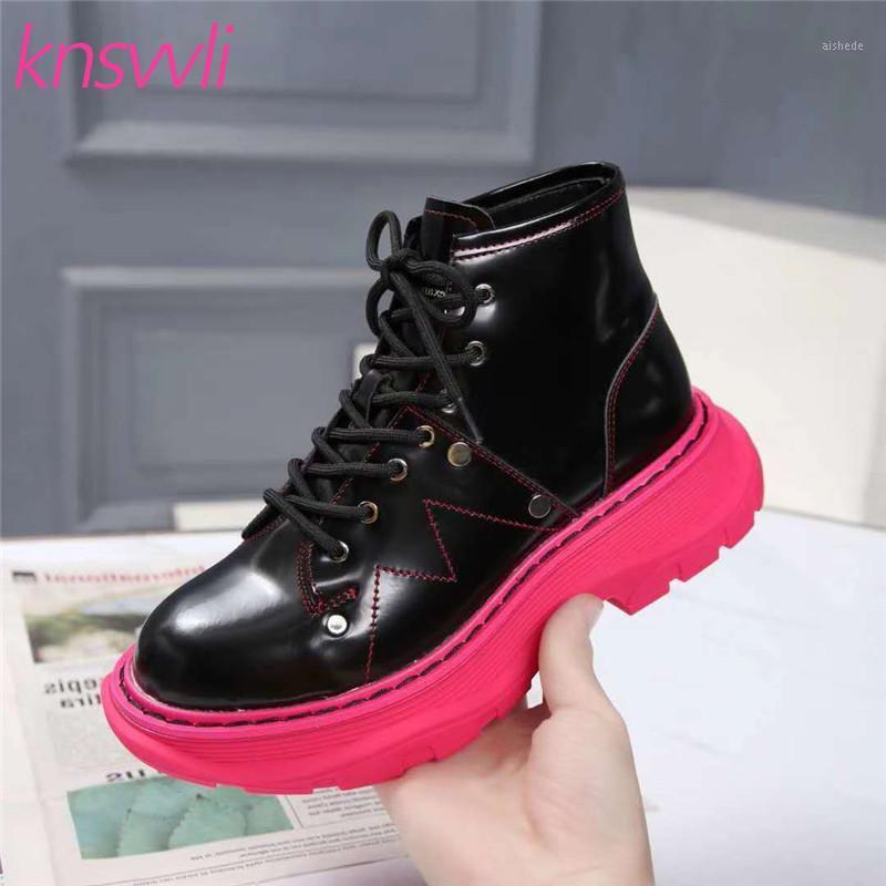 

Thick Sole Woman Motorcycle Boots Round Toe Lace Up Short Boots Mixed Color Platform Shoes Casual Flat Ankle For Women1, Black red sole