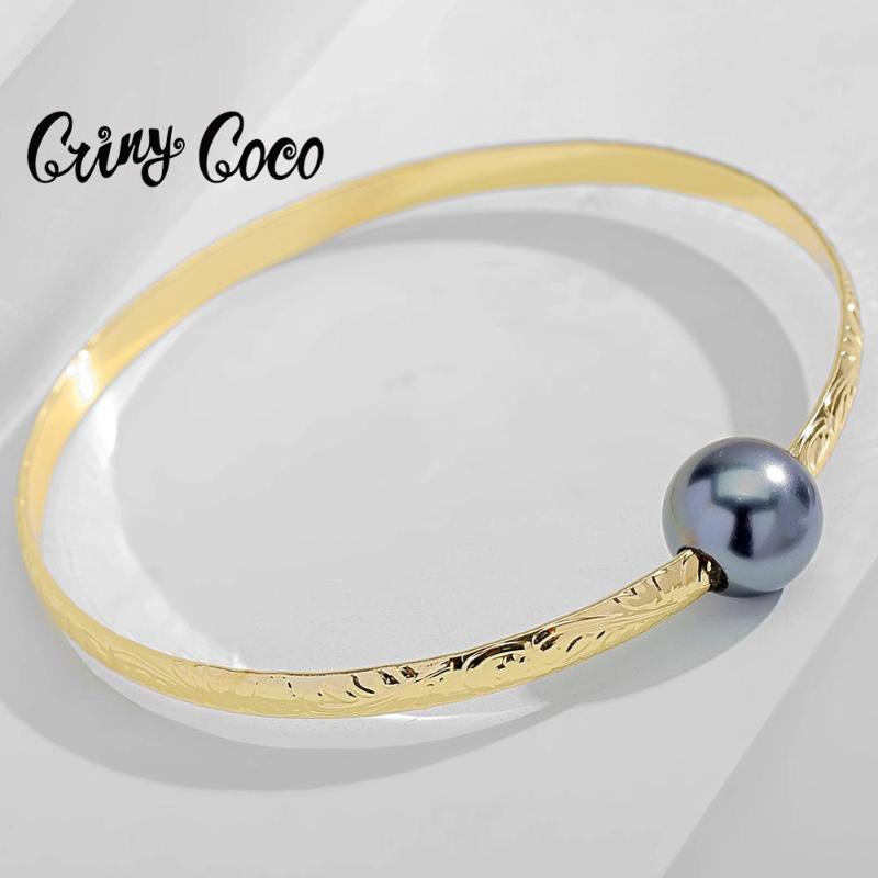 

Cring Coco Hawaiian Gold Palted Bangles Bracelet Fashion Polynesian Charm Black Pearl Bracelets Pearl Jewelry for Women Wedding