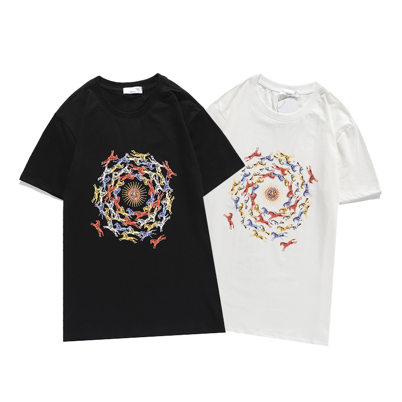 

and American-colored European Pony Short Sleeve Trend Black White Vlt Around the Neck Printed Male Cotton Shirt 04lc