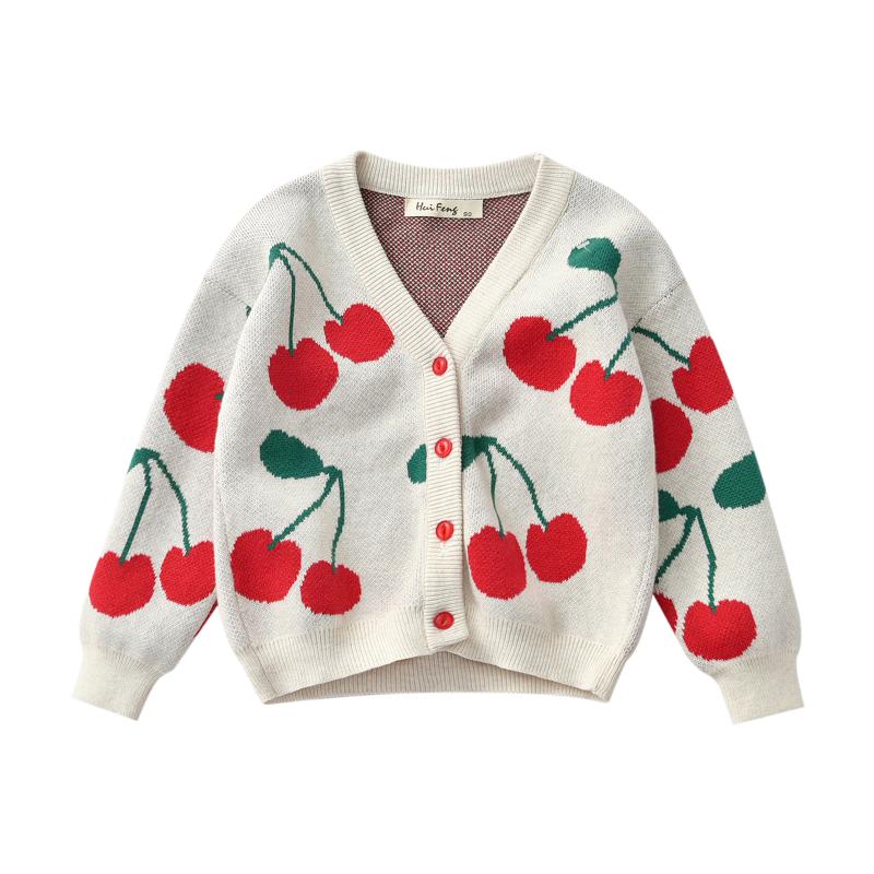 

Pudcoco 2021 Autumn 1-6Y Toddler Kids Baby Girl Cherry Knitted Sweater V-Neck Single Breasted Cardigan Long Sleeve Buttons Top, As pic