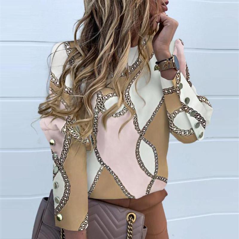 

2020 Women Puff Sleeve Blouse Shirt Casual O Neck Chain Print Long Sleeves Tops Elegant Office Lady Back Metal Button Slim Shirt, White