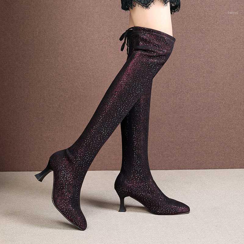 

Fashion Glitter Slim Long Boots Women Sexy Pointed Toe Over The High Heels Party Boots Woman Autumn Flock Lace Up Shoes1, Wine red