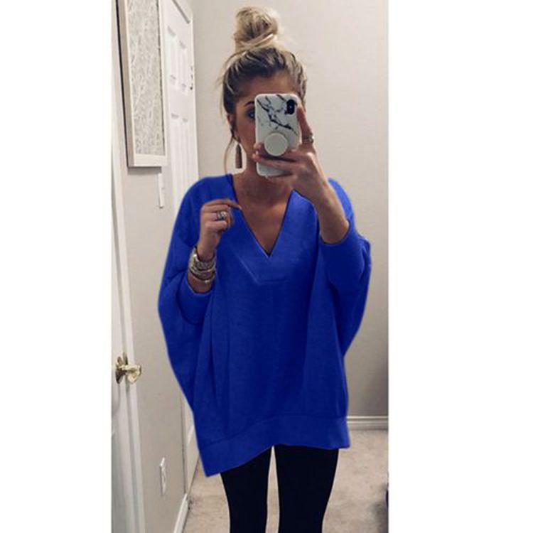 

Casual Women Solid Pullovers Batwing Sleeve V-Neck Long Sleeve Knitted Lady Sweatshirt new and American Style, Blue