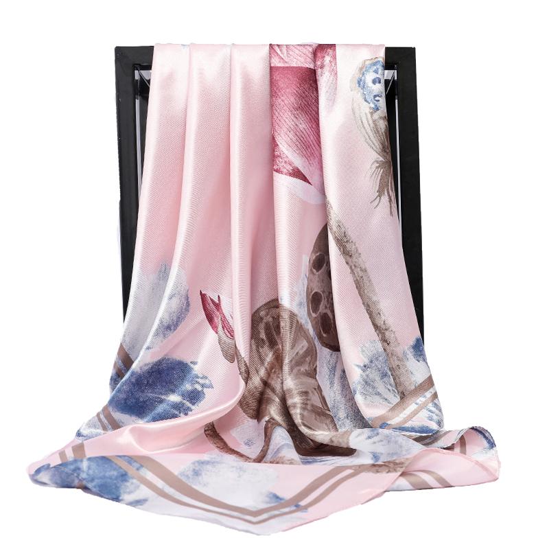 

Fashion Shawl Scarf For Women Pink Floral Print Satin Hijab Scarfs Female 90*90cm Square Neckerchief Headband Scarves For Ladies
