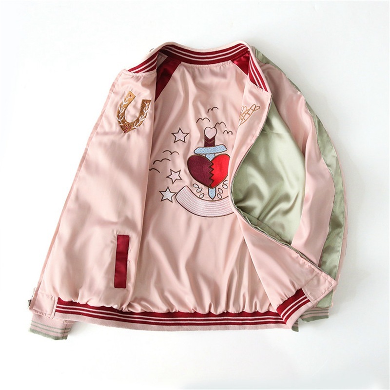 

Yokosuka two New sides wear pink embroidered female soft jacket spring and autumn casual satin baseball loose women's jackets DWI6