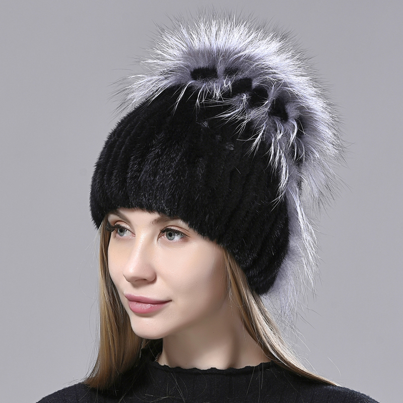 

Russa para Mulheres Inverno Quente Mink Raposa Fofo Caps Trs Bolas de Diamante Elegante Fmea Chapus Pele