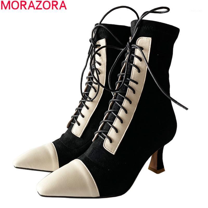 

MORAZORA 2020 New arrival fashion ankle boots genuine leather boots pointed toe high heels mixed colors women1, Brown