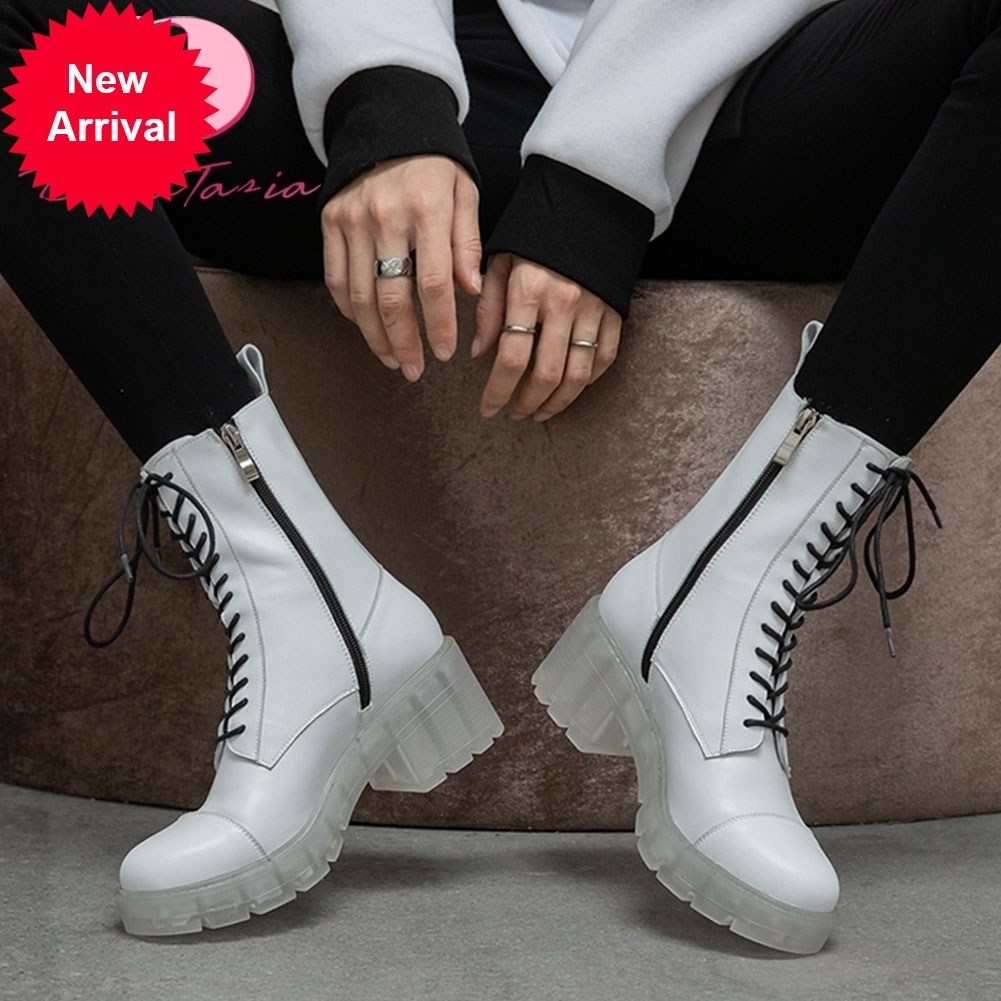 

2021 The New New Fashion Girls Chunky High Heels Ankle Toe Zip Cross Tied Women's Boots Woman Shoes 6j5s, White add fur