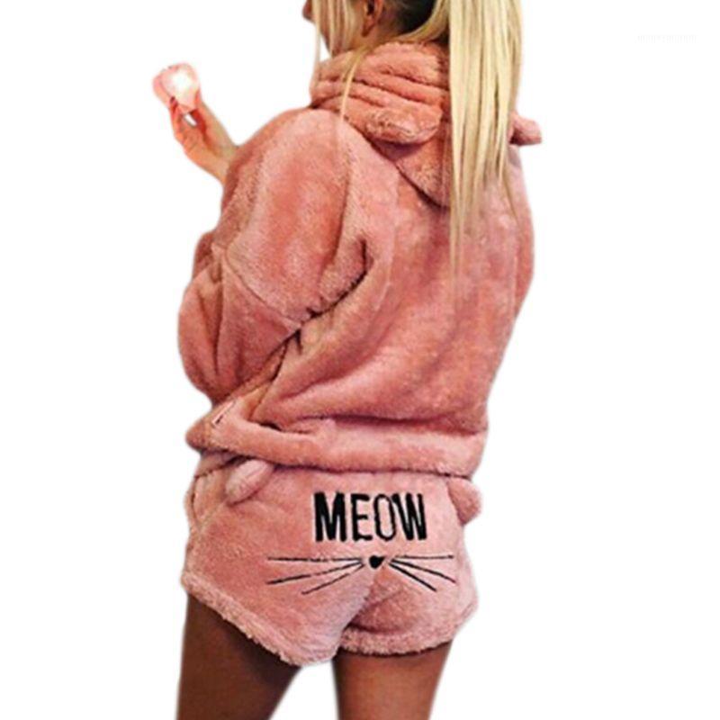 

Women Women Girls Plus Size Winter Thicken Pajamas Set Cute Cat Meow Embroidered Short Pants Long Sleeve Hooded Ears Sweatshirt1