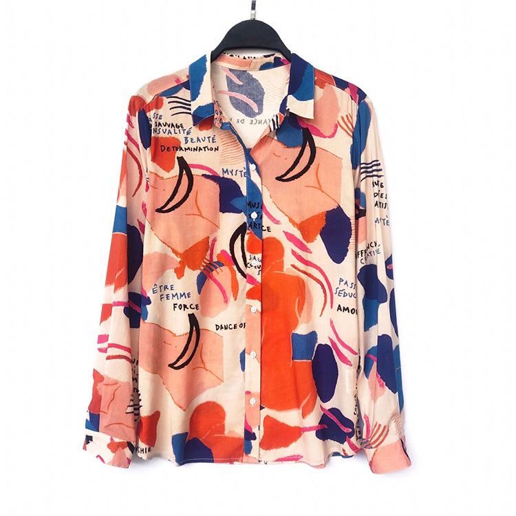

Silk cotton blended abstract printing women shirt long sleeve turn-down collar casual wild lady shirt tops, As pic