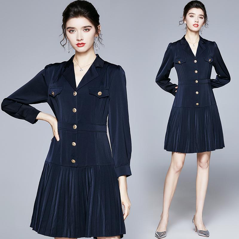 

New Elegant Vintage Fashion Women suit collar pleated dress office lady dresses, Navy blue