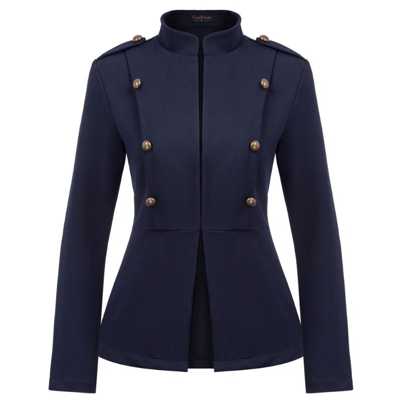 

Curlbiuty Women' jacket Casual Long Sleeve Stand business outwear Collar Buttons turtleneck office lady Coat, Black