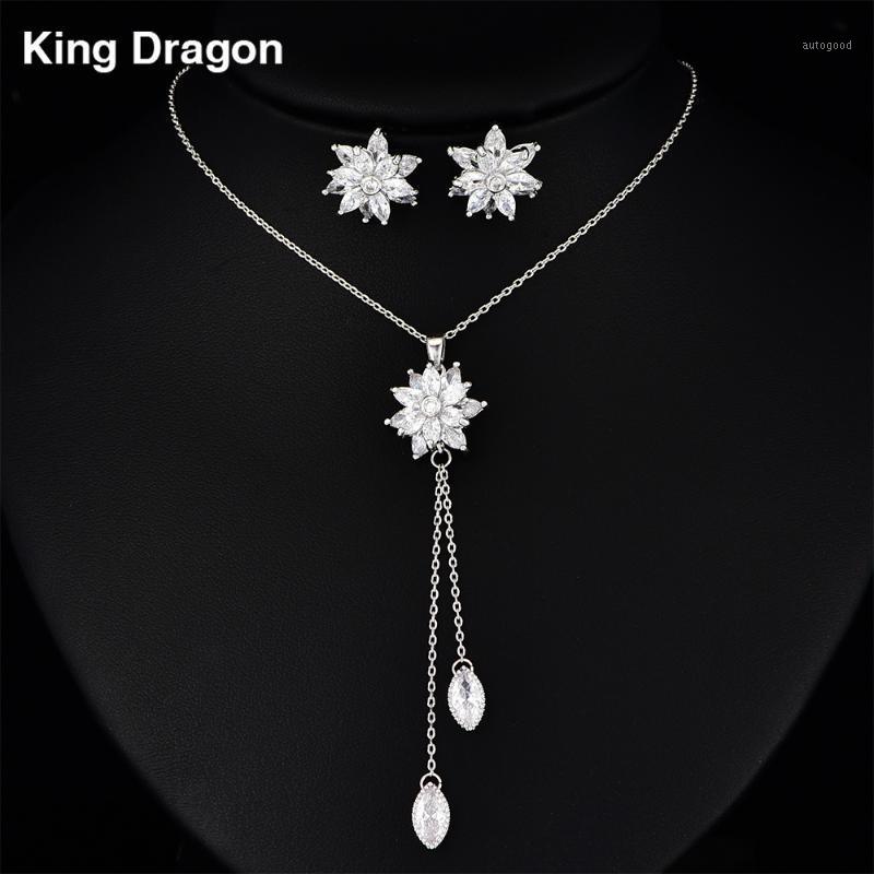 

Earrings & Necklace Gorgeous Flower Cubic Zirconia Jewelry Sets White Gold Color For Women Bridesmaid Gift Adjustable Chain CZS-80131, As pic