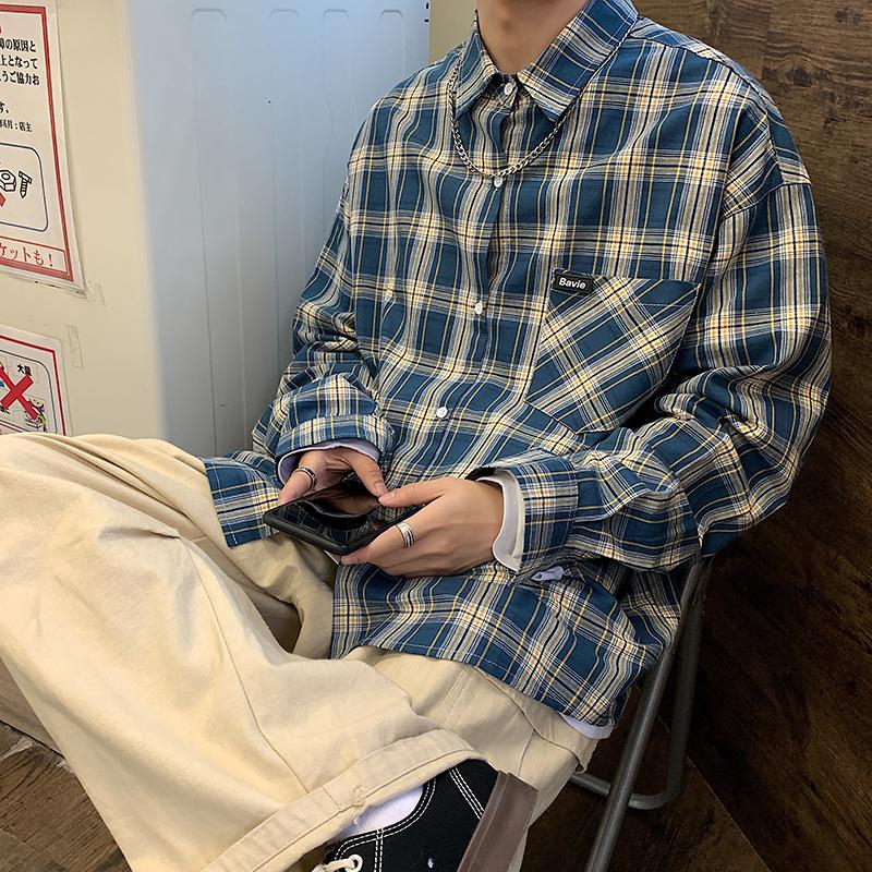 

2020 Spring New Korean Camisa De Manga Larga A Cuadros Brillante Moda Casual Chaqueta Suelta Top Naranja / Azul -XL, Blue