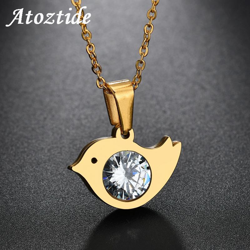 

Pendant Necklaces Atoztide Cute CZ Stone Flying Bird Animal Necklace Stainless Steel Gold Color With Link Chain Birthday Gift, Silver