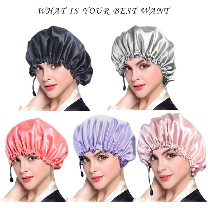 

Satin Sleep Cap High Quality Waterproof Shower Cap Protect Hair Women Hair Treatment Hat 5 Colors