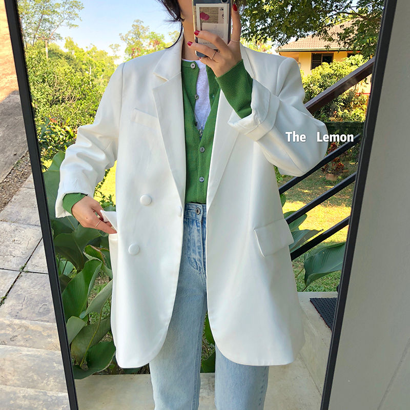 

Women Spring Chic Single Breasted Blazer Vintage Female Loose Jackets Casual Street Office Lady Blazers Outwear, White;black