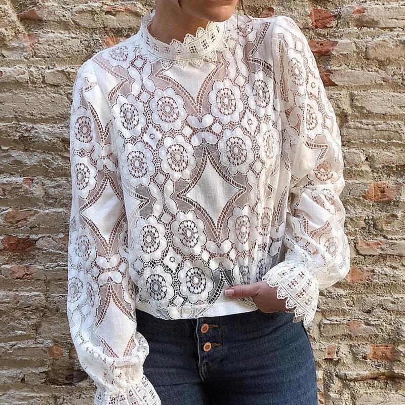 

Elegant Women Lace Chiffon Shirt Blouse Formal Embroidery Long Sleeve White Shirts Office Lady Flower Hollow Ladies Fashion, As pic