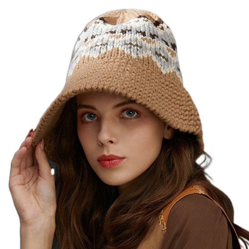 

Womens Girls Winter Crochet Knit Wide Brim Bucket Cap Ethnic Vintage Wavy Stripes Jacquard Foldable Floppy Warm Fisherman Hat, Khaki