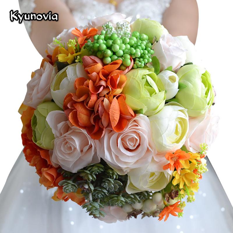 

Kyunovia Colorful Wedding Bouquet Assorted Roses Camellias wedding accessories bouquet flowers Bridal FE14, Orange