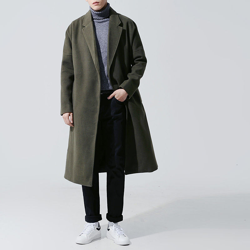 

2021 Autumn New Fine Winter Pure Woolen Long Coat Male Clothes 0C6N, Dark green.