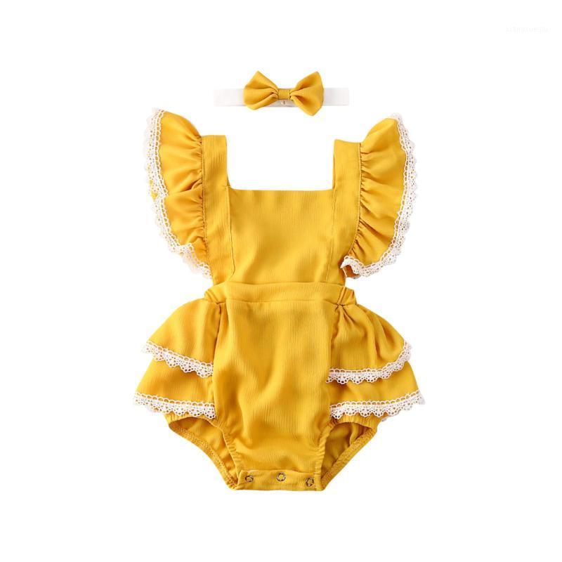 

0-24M New 2pcs Kids Baby Girls Bodysuits Lace Solid Ruffles Sleeve Backless Bowknot Cute Jumpsuits+Headband1, As pic