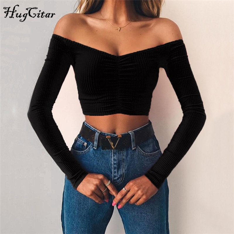 

Hugcitar long sleeve slash neck ruffles crop tops women winter spring new fashion solid Comfortable T-shirt Y200109, Red