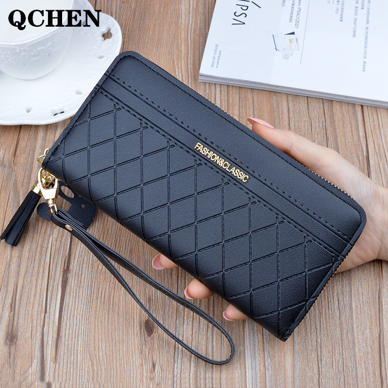 

Women's wallet long lattice tassel fashion mobile phone ladies clutch pu star hand strap bag Multiple color 582 Q1117, Black 582