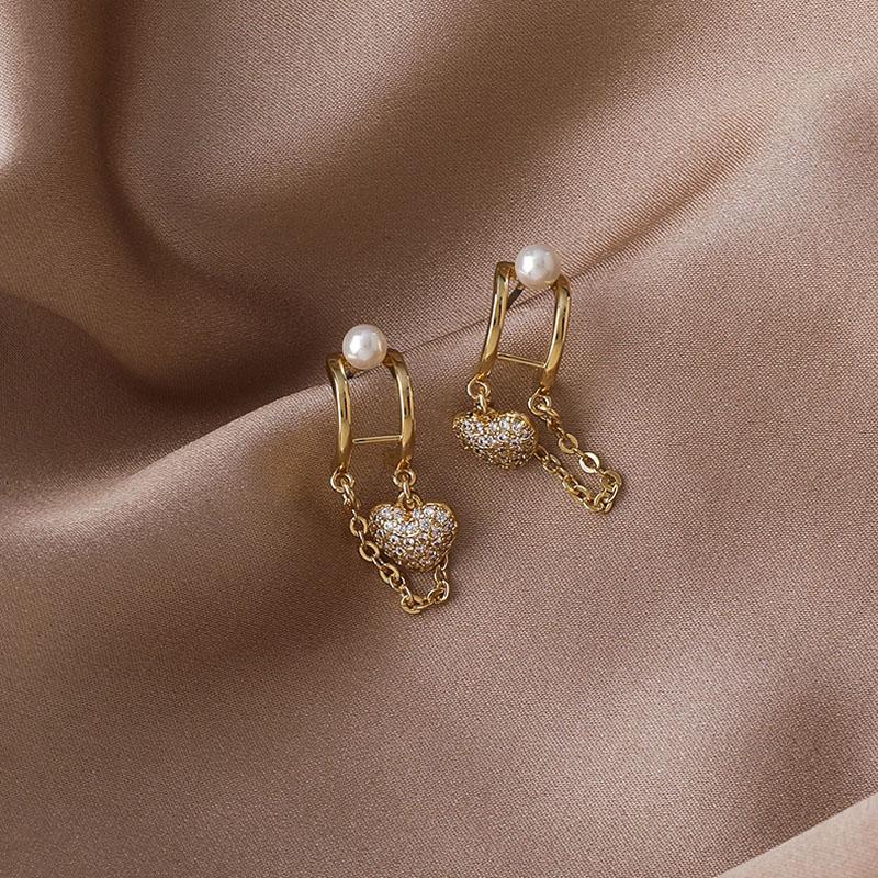 

Gold Tassels Earings Fashion Jewelry 2020 New Pearl Rhinestone Heart Ear Rings for Women European Korean Elegant Style Luxury