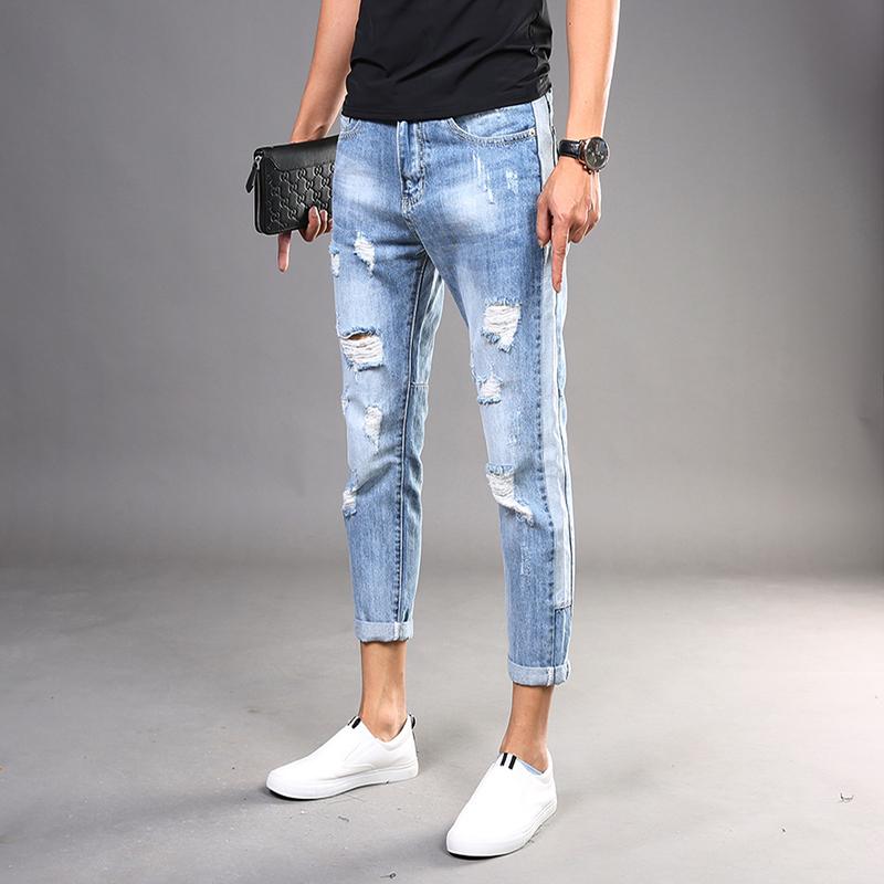 

Men Side Stripe Ripped Jeans Summer Blue Cotton Denim Slim Fit Ankle-Length Pants