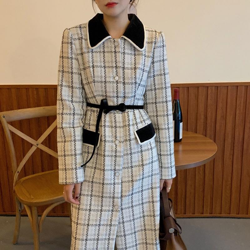

Autumn Winter New Arrival Women England Style Tweed Wool Fashion Plaid Belted Blends Outwear Female Korean Slim Office Long Coat