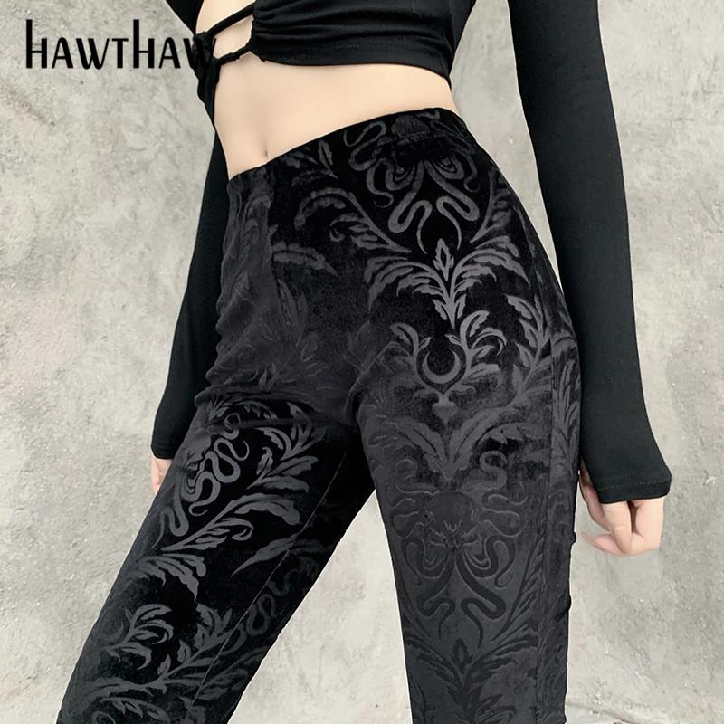 Hawthaw Women Retro Autumn Winter Slim Black Gothic Bell-Bottoms Boot Cut Flared Long Pants 2020 Fall Clothes Streetwear