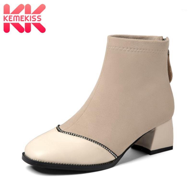 

TAOFFEN Size 33-47 Women Ankle Bootsthick Heel Zipper Flock Shoes Pointed Toe Winter Boots Women Fashion Office Footwearr1, Beige