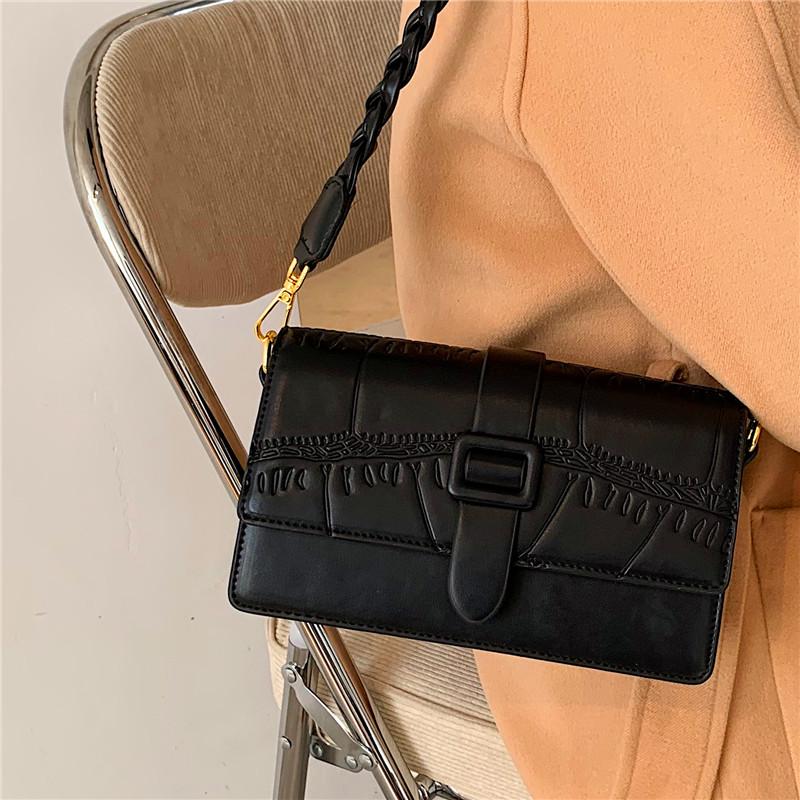 

Black Stone Flap Women's Tote Bag Small Square Leather Shoulder Messenger Bag Hasp Satchel Elegant Weave Strap Lady Handbags Sac