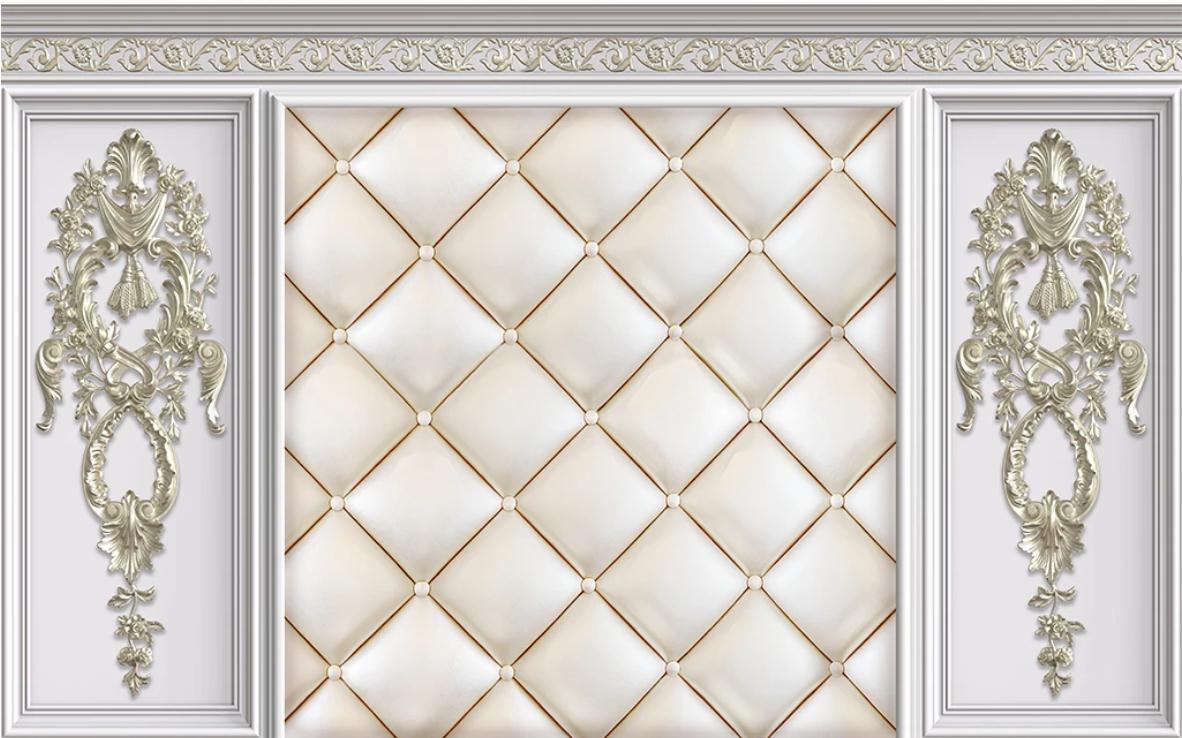 

window mural wallpaper White plaster line European embossed leather wallpapers soft bag 3D TV background wall, Beige