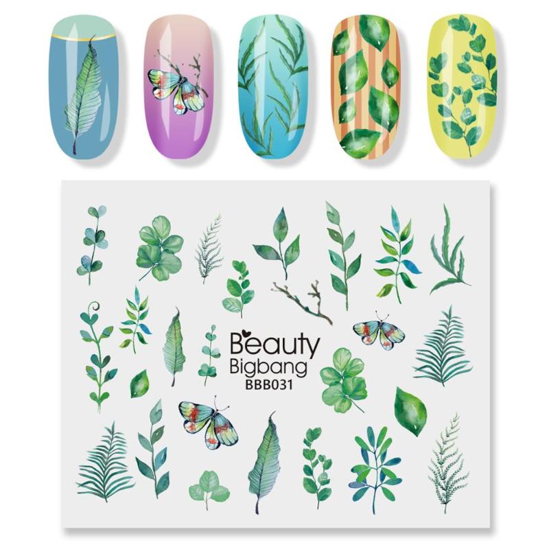 

4PCS BeautyBigBang Nail Art Sticker Green Leaves Grass Butterfly Images Nail Decoration Wraps Water Decals Nails Stickers Art, 29