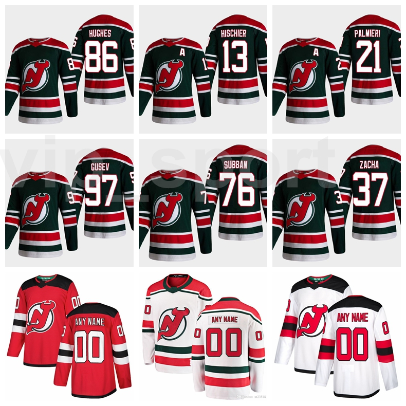 

New Jersey Devils Reverse Retro Jersey 86 Jack Hughes 13 Nico Hischier 21 Kyle Palmieri 97 Nikita Gusev 76 PK Subban Ice Hockey, Black;red