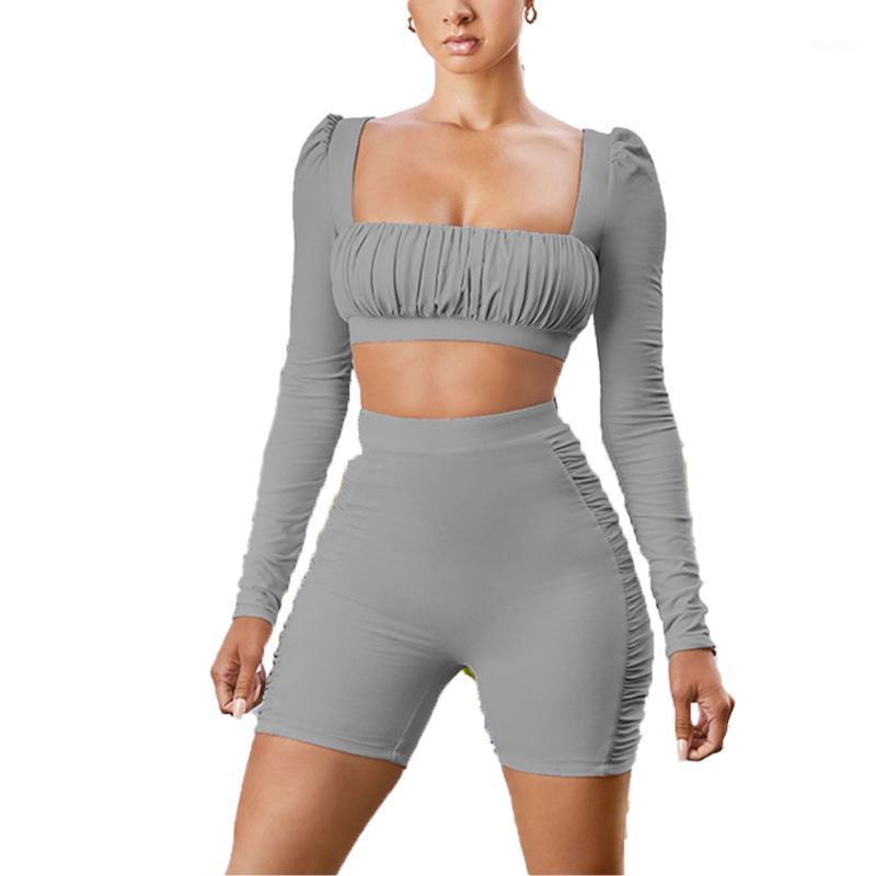 

2-Pcs Women' Long Sleeve Sportswear Solid Color Square Neck Elastic Crop Top Tight-fitting Short Pants Outfit Set1, Black