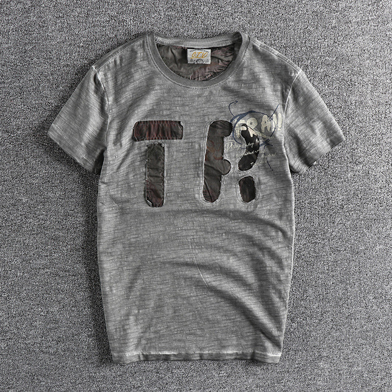 

2021 New Summer Men' Short-sleeved T-shirt Patch Letter Pattern Printed Retro Tees Viatage Tops Streetwear Men Clothing 5s9g, Gray