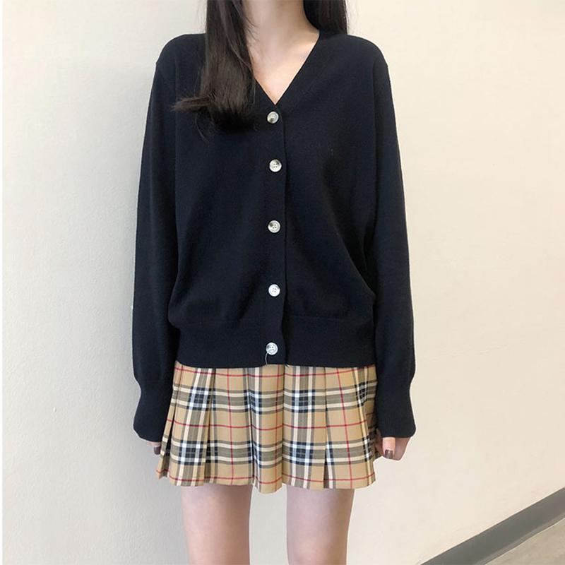 

Knitted Solid Single Breasted Sweater V-Neck Women Autumn Winter Casual Korean Loose Warm Cardigan Preppy Long Sleeve W226, Black